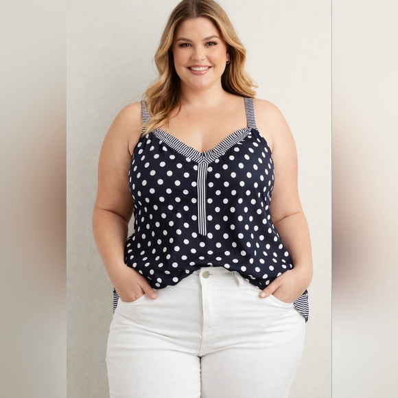 Coastal Chic Polka Dot Tank Top Plus 18/20W Summer Blouse Flowy Navy White - Picture 5 of 9